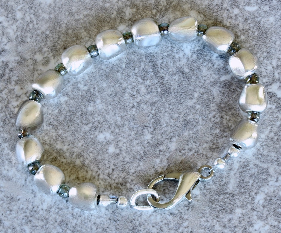 Pewter Near Rounds 13-Bead Bracelet with Luminous Green Czech Druk Glass Rounds and a Silver Lobster Clasp