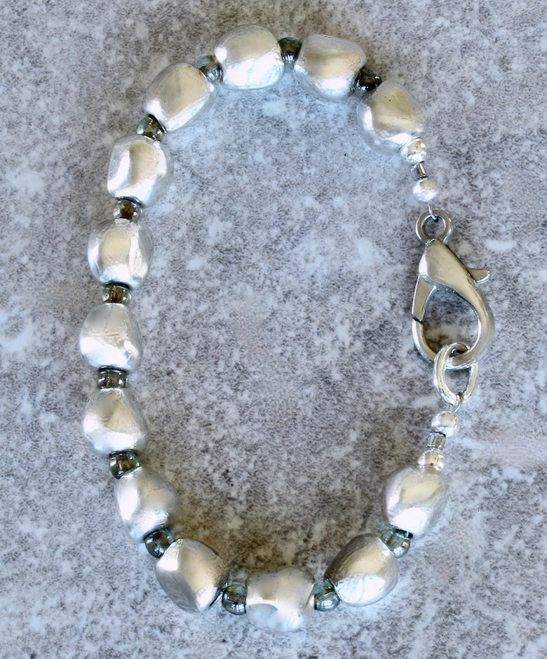 Pewter Near Rounds 13-Bead Bracelet with Luminous Green Czech Druk Glass Rounds and a Silver Lobster Clasp