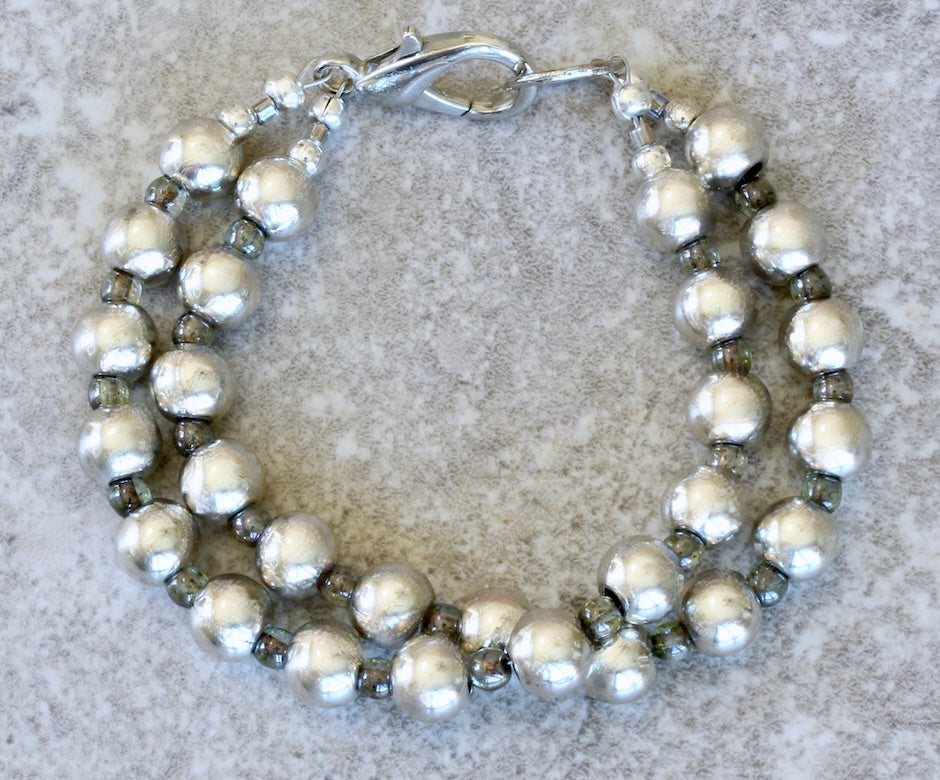 Pewter Rounds 28-Bead 2-Strand Bracelet with Czech Druk Glass Rounds and a Silver Lobster Clasp