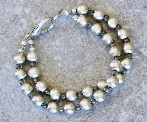 Pewter Rounds 28-Bead 2-Strand Bracelet with Czech Druk Glass Rounds and a Silver Lobster Clasp
