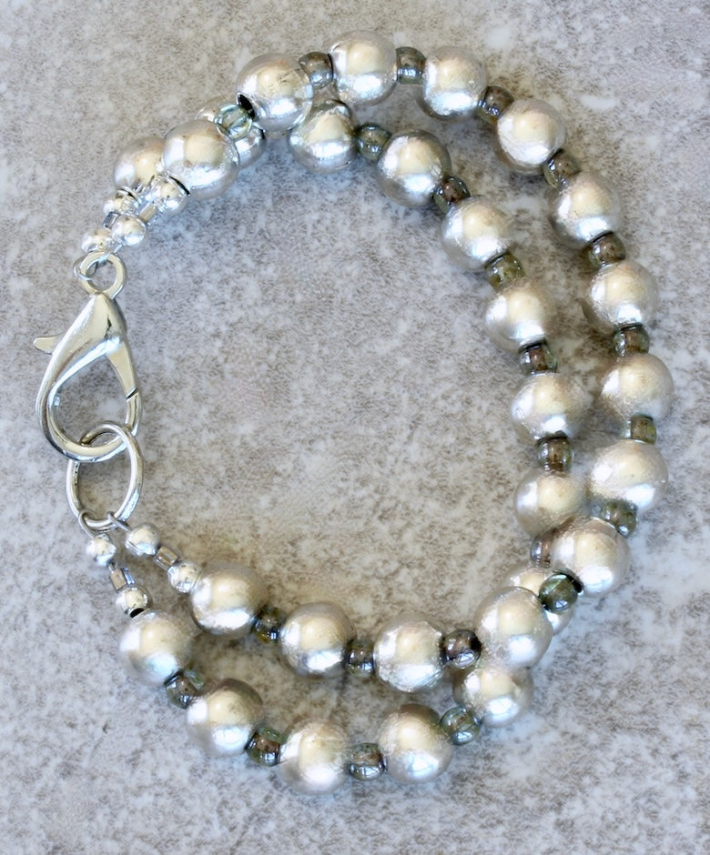 Pewter Rounds 28-Bead 2-Strand Bracelet with Czech Druk Glass Rounds and a Silver Lobster Clasp