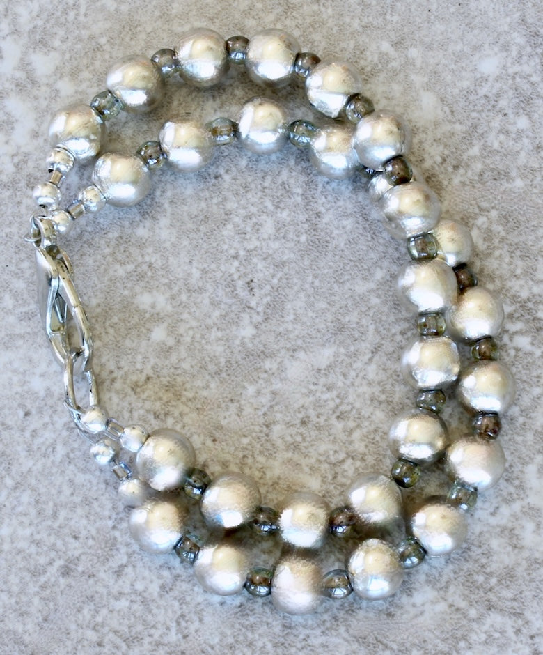 Pewter Rounds 28-Bead 2-Strand Bracelet with Czech Druk Glass Rounds and a Silver Lobster Clasp