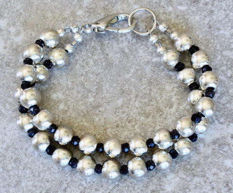 Pewter Rounds 30-Bead 2-Strand Bracelet with Blue Sandstone Faceted Rondelles and a Silver Lobster Clasp