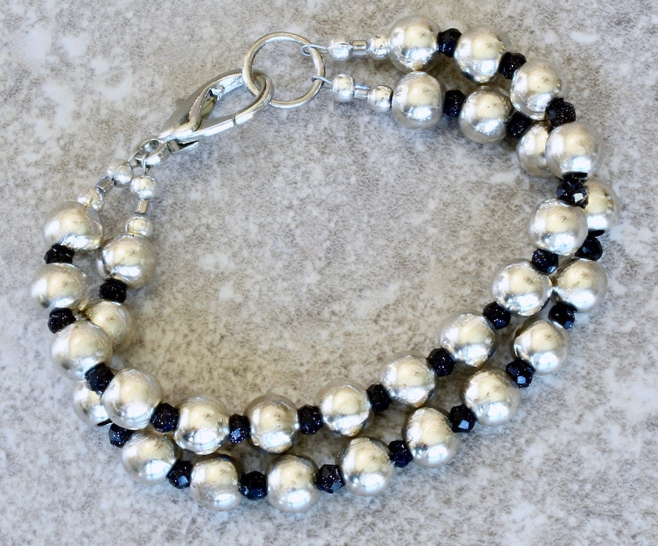 Pewter Rounds 30-Bead 2-Strand Bracelet with Blue Sandstone Faceted Rondelles and a Silver Lobster Clasp