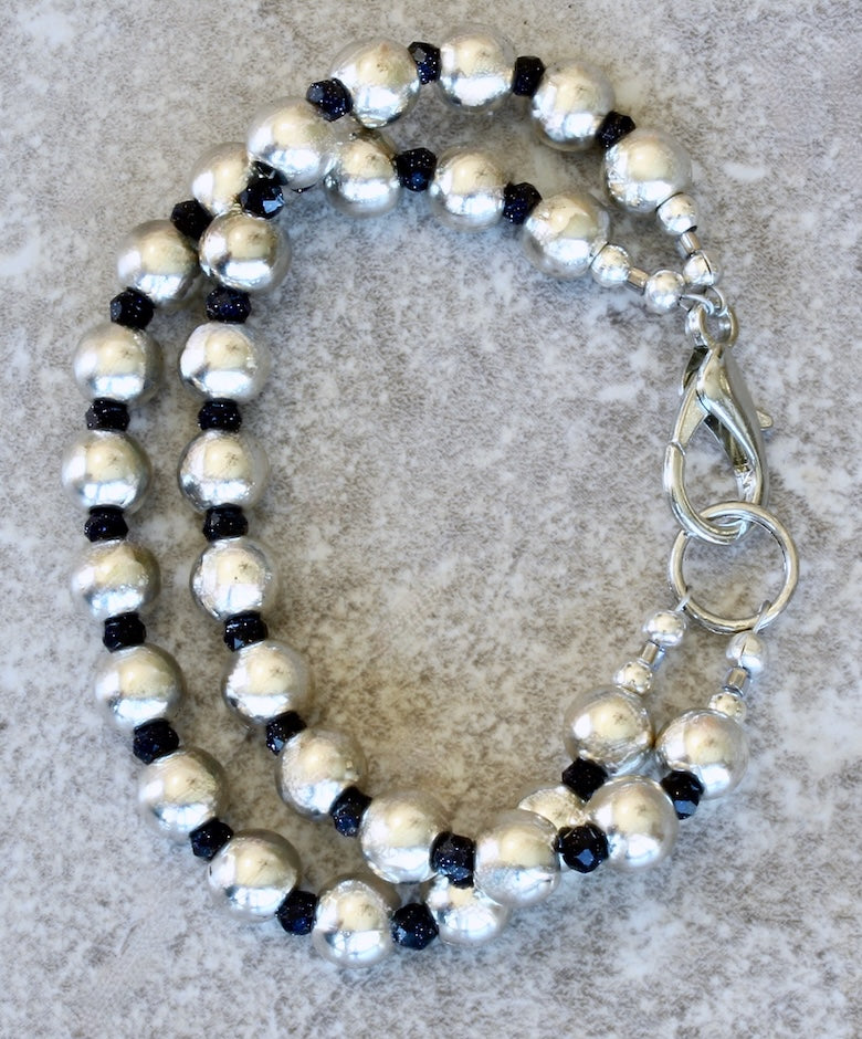 Pewter Rounds 30-Bead 2-Strand Bracelet with Blue Sandstone Faceted Rondelles and a Silver Lobster Clasp