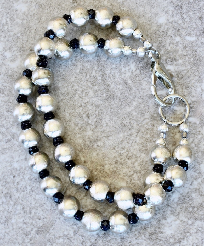 Pewter Rounds 30-Bead 2-Strand Bracelet with Blue Sandstone Faceted Rondelles and a Silver Lobster Clasp