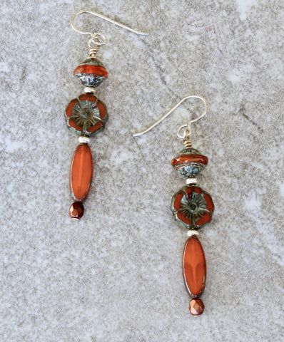 Picasso Coral Czech Glass Flower Beads with coral & tan Saucers, coral-red Long Ovals, and Sterling Silver Earring Wires