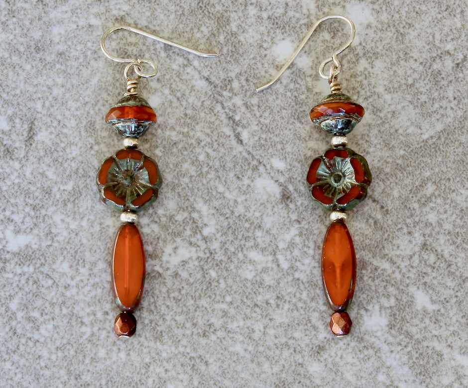 Picasso Coral Czech Glass Flower Beads with coral & tan Saucers, coral-red Long Ovals, and Sterling Silver Earring Wires
