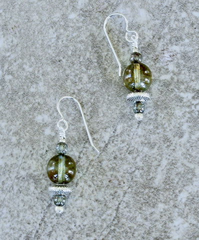 Picasso Green Czech Druk Glass Earrings with Sterling Silver Discs and Earring Wires