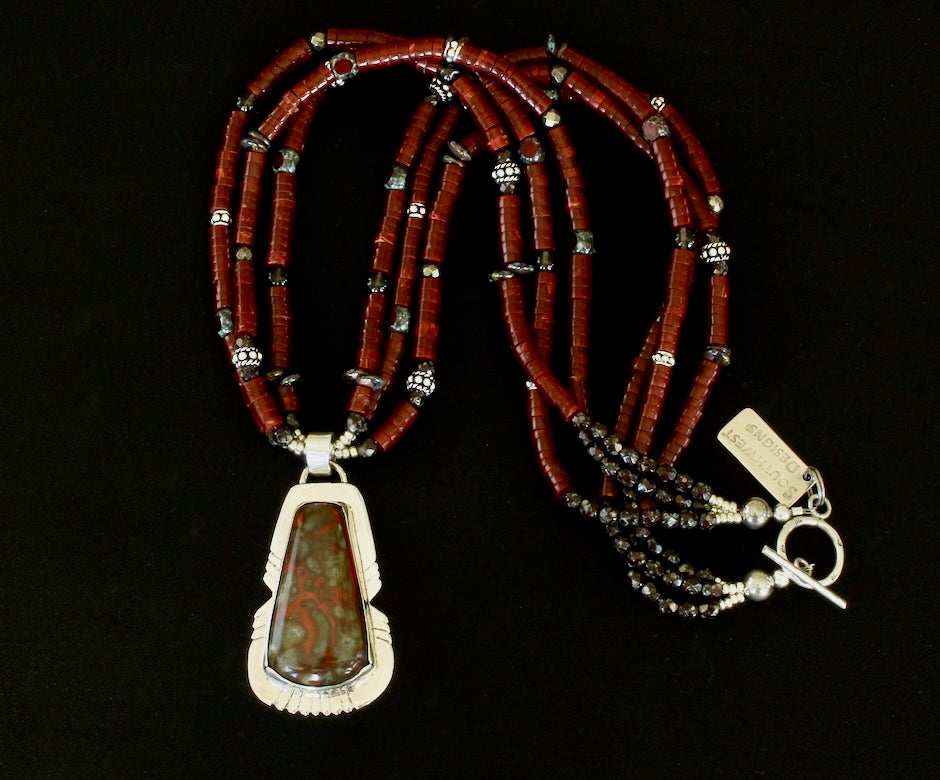 Poppy Hills Jasper & Sterling Silver Pendant with Red Jasper Heishi, Czech Glass and Sterling