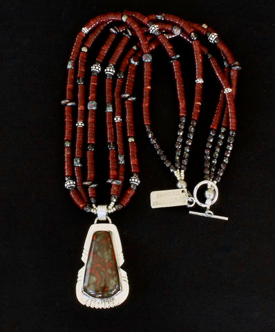 Poppy Hills Jasper & Sterling Silver Pendant with Red Jasper Heishi, Czech Glass and Sterling