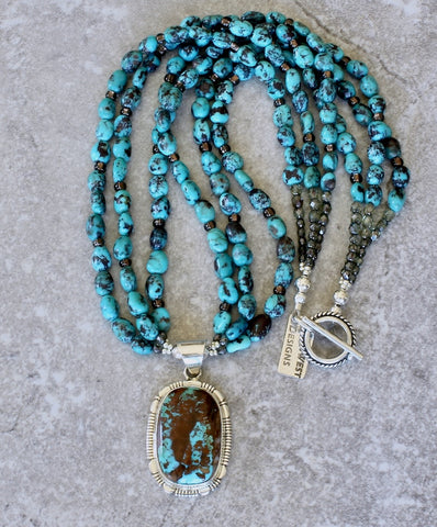 Robert Chee Kingman Turquoise and Sterling Silver Pendant with 3 Strands of NV Turquoise Ovals and a Sterling Silver Toggle Clasp