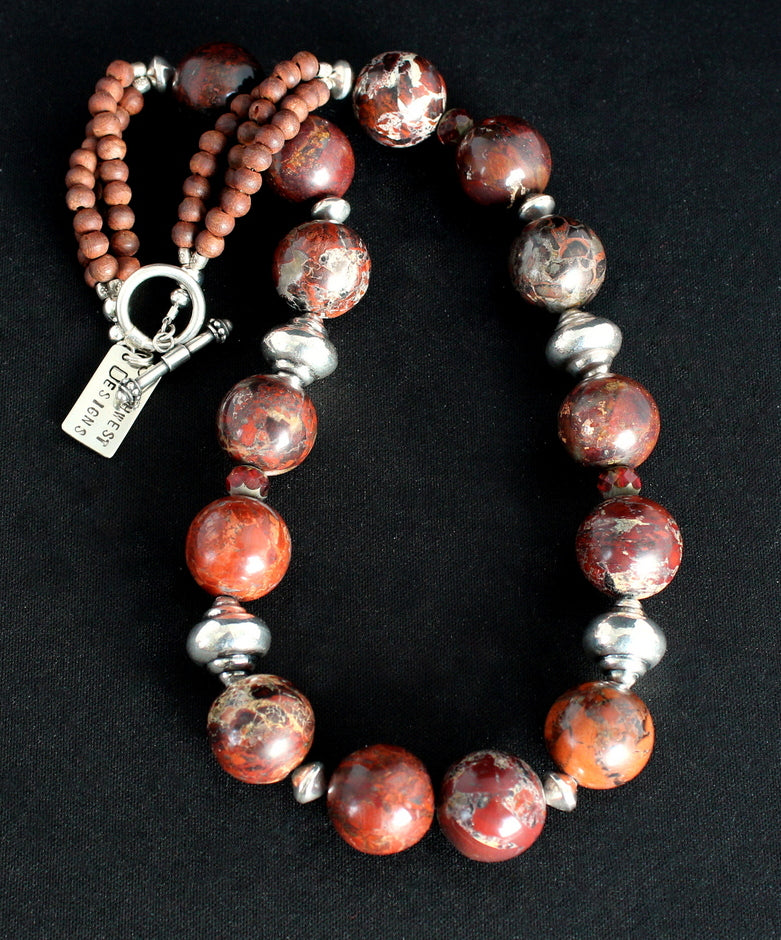 Rainbow Brecciated Jasper Round Bead Necklace with Czech Glass Olive Wood and Ornate Sterling Silver