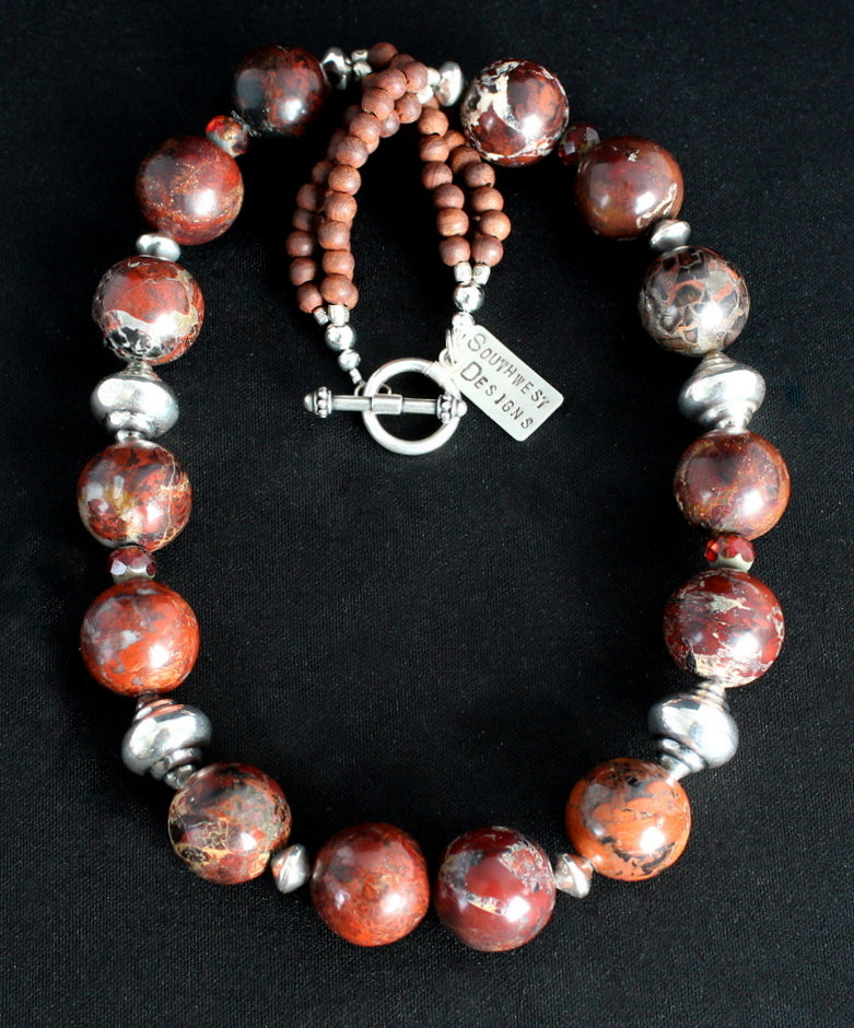 Rainbow Brecciated Jasper Round Bead Necklace with Czech Glass Olive Wood and Ornate Sterling Silver