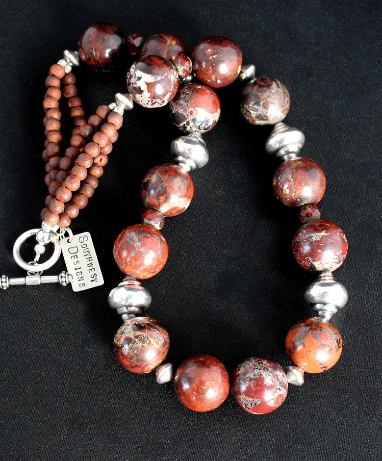Rainbow Brecciated Jasper Round Bead Necklace with Czech Glass Olive Wood and Ornate Sterling Silver