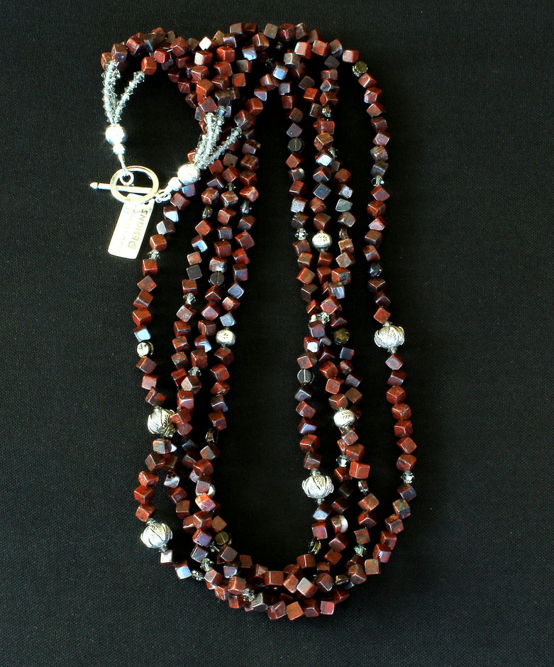 Rainbow Jasper Cubes 4-Strand Necklace with Czech Vintage Nailheads and Sterling Silver