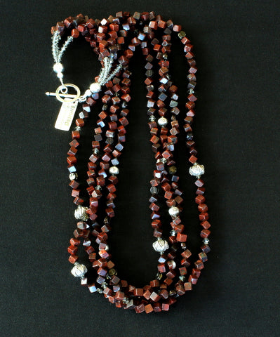 Rainbow Jasper Cubes 4-Strand Necklace with Czech Vintage Nailheads and Sterling Silver