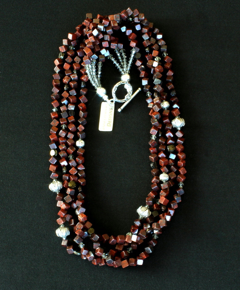 Rainbow Jasper Cubes 4-Strand Necklace with Czech Vintage Nailheads and Sterling Silver