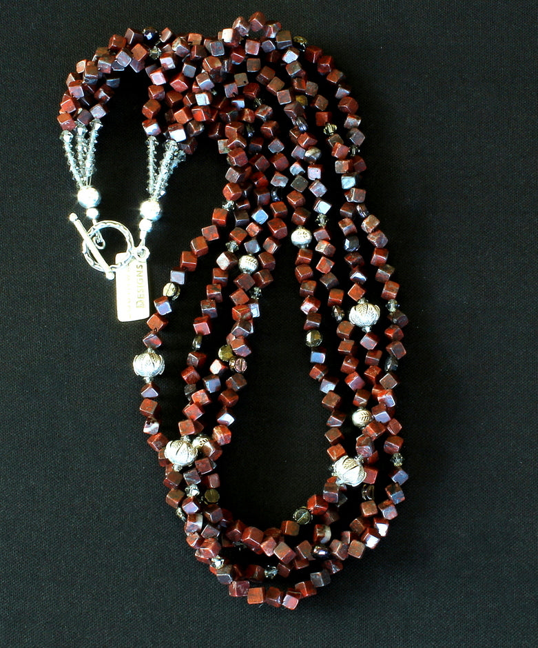 Rainbow Jasper Cubes 4-Strand Necklace with Czech Vintage Nailheads and Sterling Silver