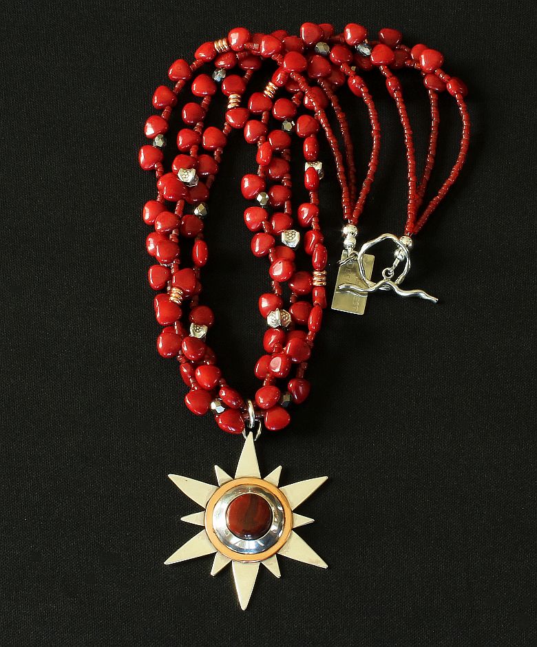 Rainbow Brecciated Jasper, Copper and Sterling Silver Starburst Pendant with 3 Strands of Bamboo Coral Triangles, Copper & Sterling Silver