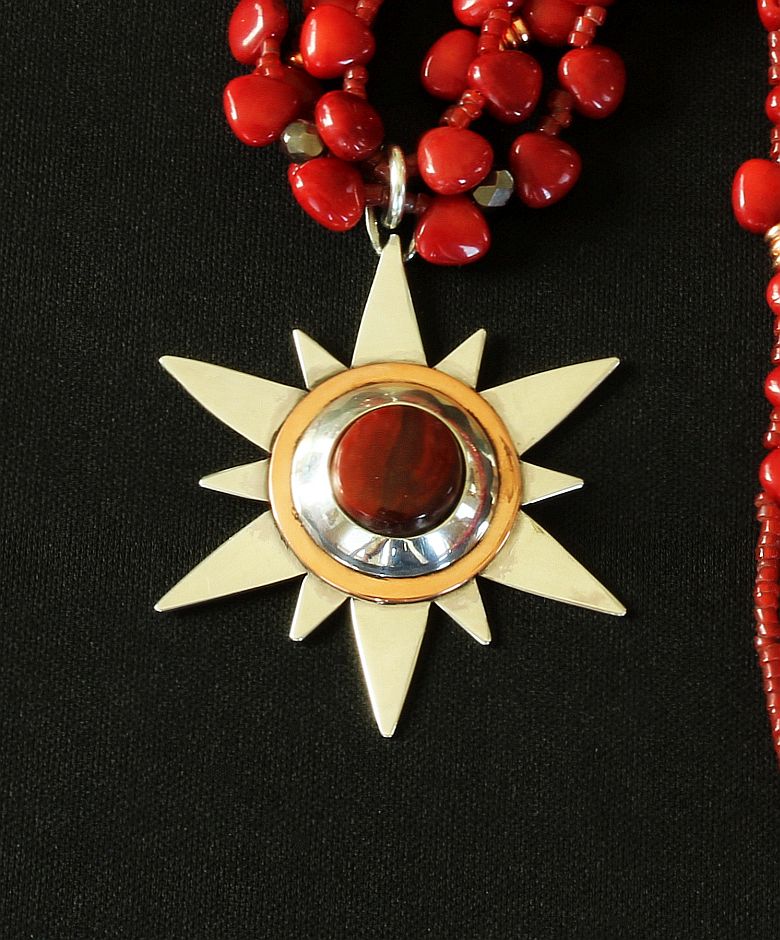 Rainbow Brecciated Jasper, Copper and Sterling Silver Starburst Pendant with 3 Strands of Bamboo Coral Triangles, Copper & Sterling Silver