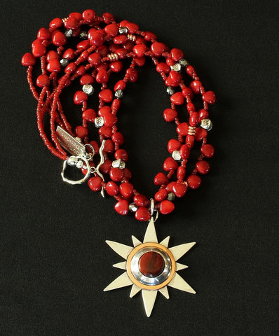 Rainbow Brecciated Jasper, Copper and Sterling Silver Starburst Pendant with 3 Strands of Bamboo Coral Triangles, Copper & Sterling Silver