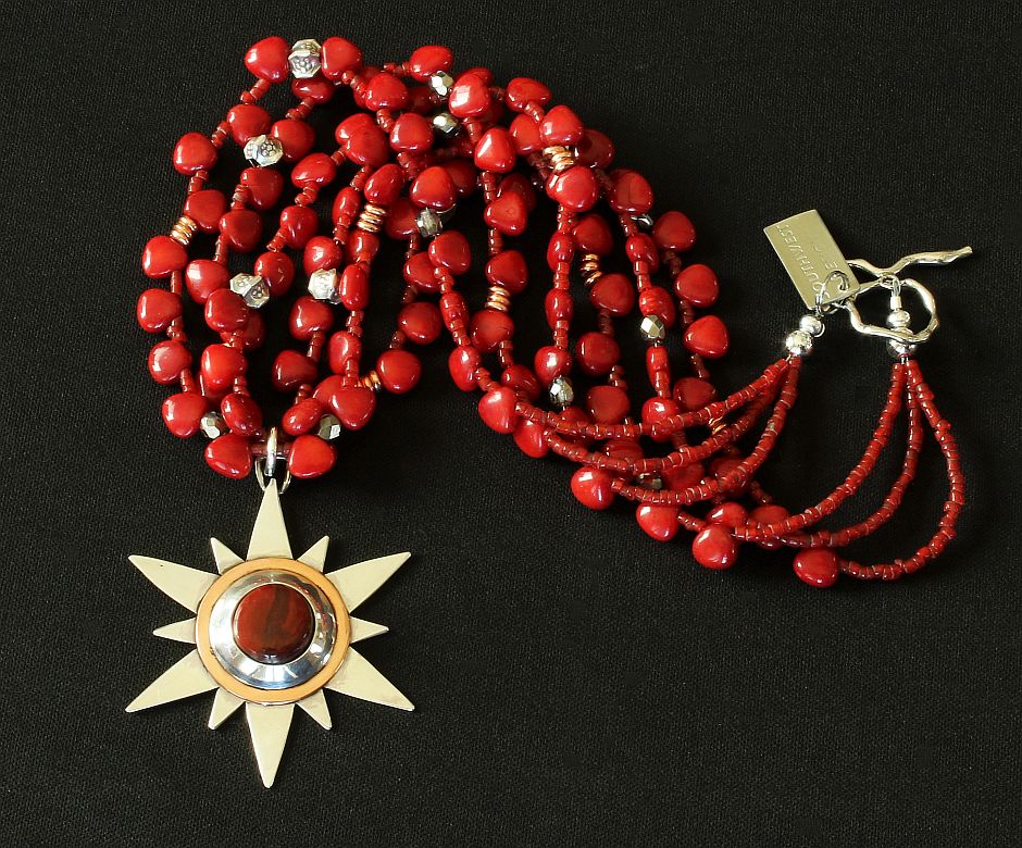 Rainbow Brecciated Jasper, Copper and Sterling Silver Starburst Pendant with 3 Strands of Bamboo Coral Triangles, Copper & Sterling Silver