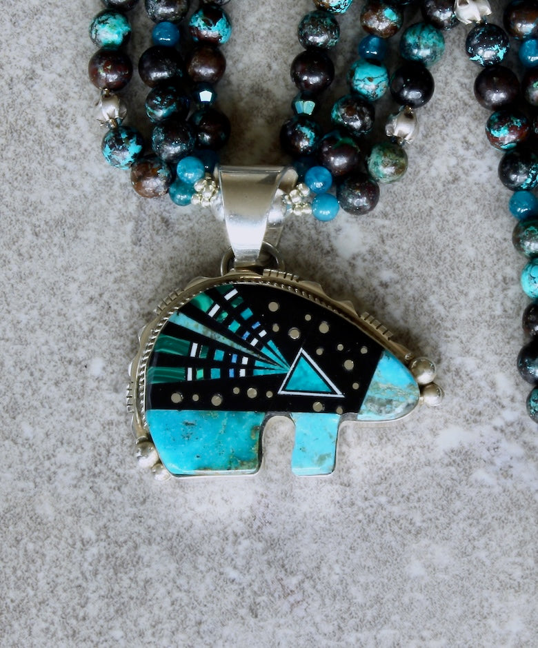 Ray Jack Inlaid Gemstone & Sterling Silver Navajo Bear Pendant with Azurite Chrysocolla