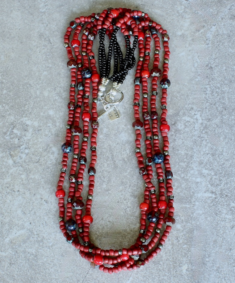 Red Indonesian Glass Bead 4-Strand Necklace with Czech Glass, White Heart Beads, and a Silver Pewter Toggle Clasp