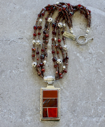 Red Jasper and Sterling Silver 4-Stone Inlaid Pendant with 4 Strands of Olive Shell Heishi, Jasper, Carnelian, Czech Glass and Sterling