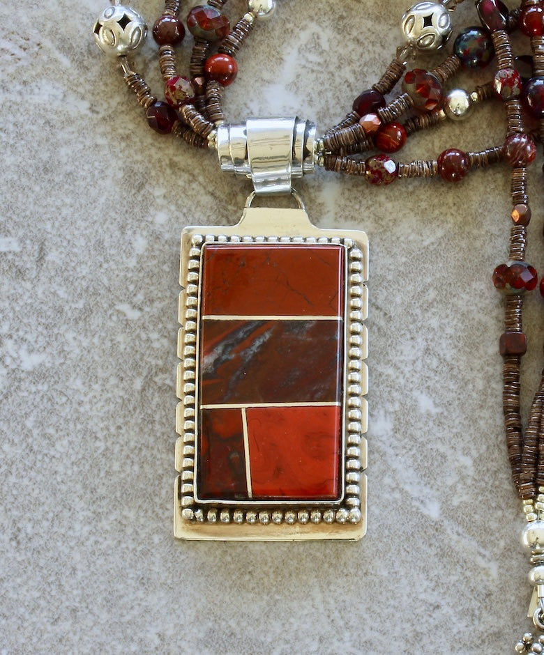 Red Jasper and Sterling Silver 4-Stone Inlaid Pendant with 4 Strands of Olive Shell Heishi, Jasper, Carnelian, Czech Glass and Sterling