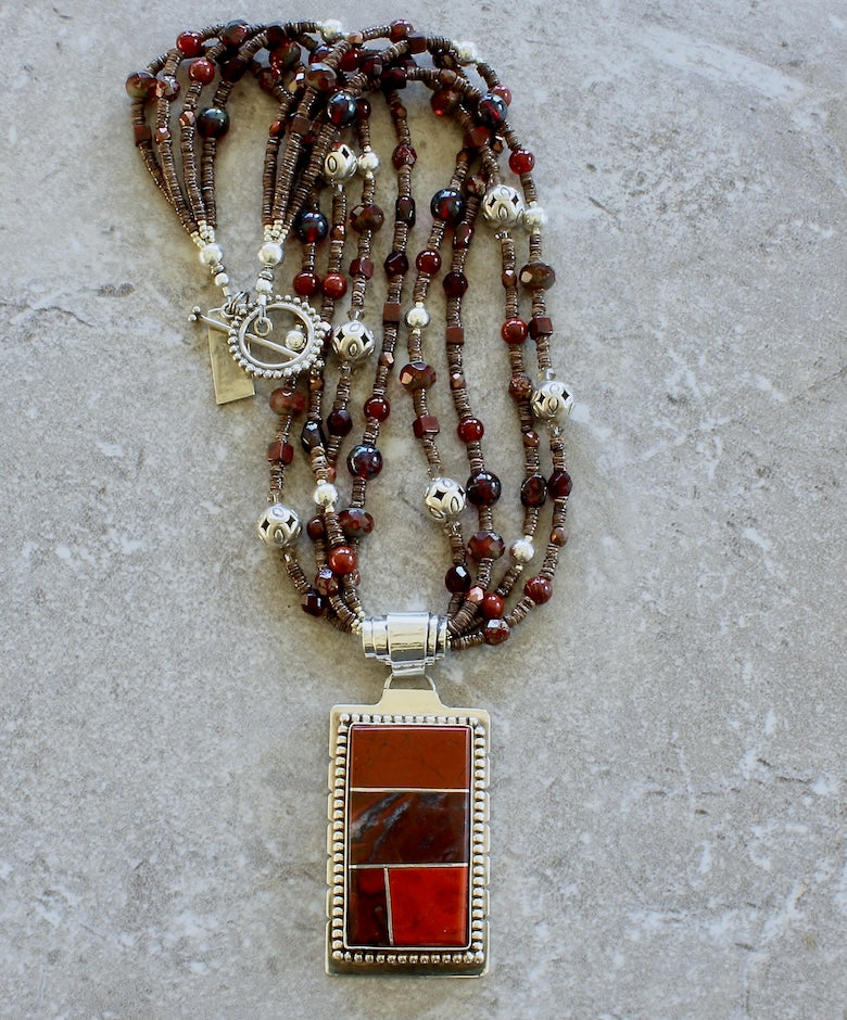 Red Jasper and Sterling Silver 4-Stone Inlaid Pendant with 4 Strands of Olive Shell Heishi, Jasper, Carnelian, Czech Glass and Sterling