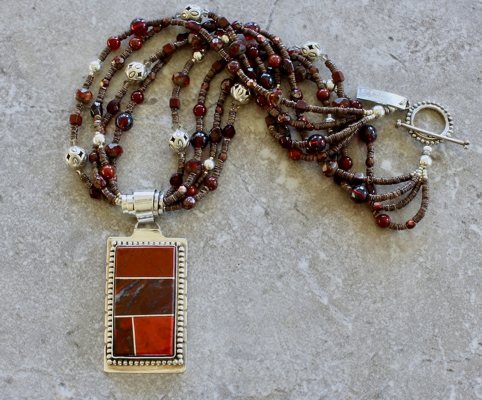 Red Jasper and Sterling Silver 4-Stone Inlaid Pendant with 4 Strands of Olive Shell Heishi, Jasper, Carnelian, Czech Glass and Sterling