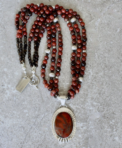 Red Jasper and Sterling Silver Pendant with 3 Strands of Red Snakeskin & Red Tiger Eye Rounds and Sterling Silver