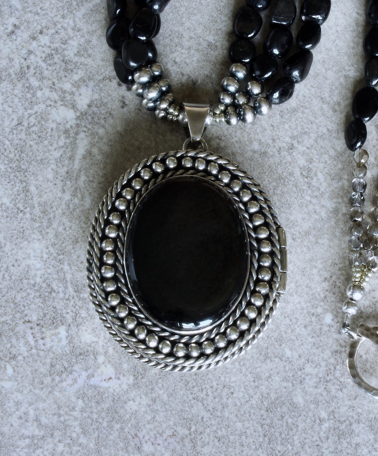 Rodriguez Taxco Mexican Silver and Obsidian Locket Pendant with 3 Strands of Hypersthene Ovals and Oxidized Sterling Silver Rounds