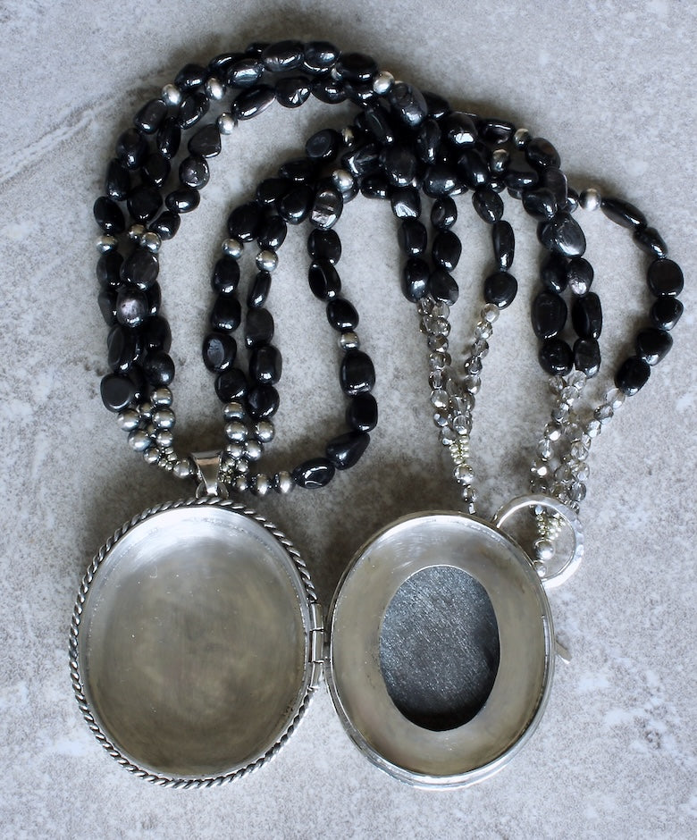 Rodriguez Taxco Mexican Silver and Obsidian Locket Pendant with 3 Strands of Hypersthene Ovals and Oxidized Sterling Silver Rounds