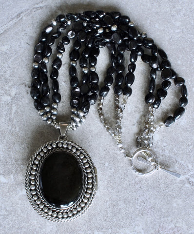 Rodriguez Taxco Mexican Silver and Obsidian Locket Pendant with 3 Strands of Hypersthene Ovals and Oxidized Sterling Silver Rounds