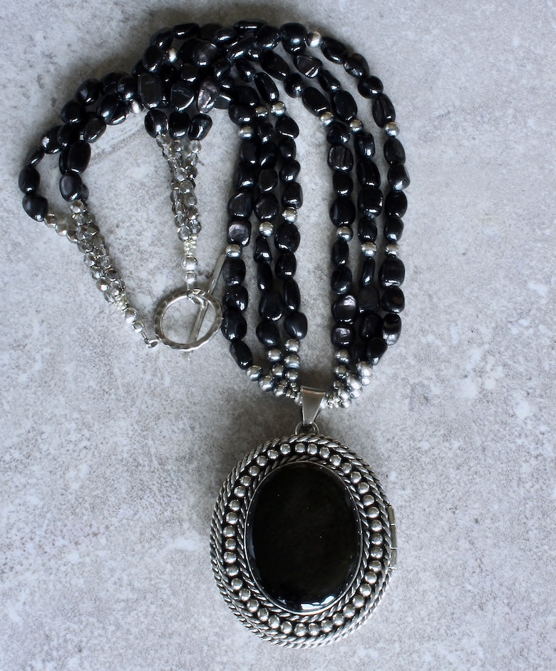 Rodriguez Taxco Mexican Silver and Obsidian Locket Pendant with 3 Strands of Hypersthene Ovals and Oxidized Sterling Silver Rounds