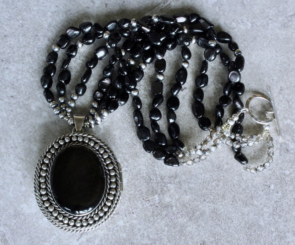 Rodriguez Taxco Mexican Silver and Obsidian Locket Pendant with 3 Strands of Hypersthene Ovals and Oxidized Sterling Silver Rounds