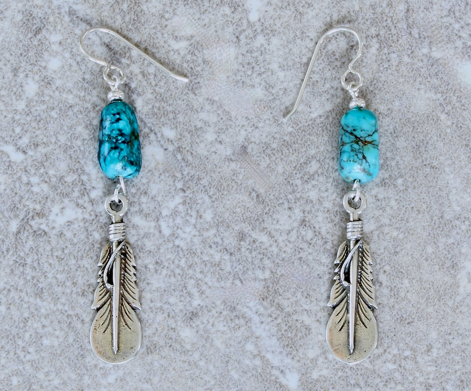 Sterling Silver Feather Charm Earrings with Nevada Blue Tiffany Turquoise Nuggets