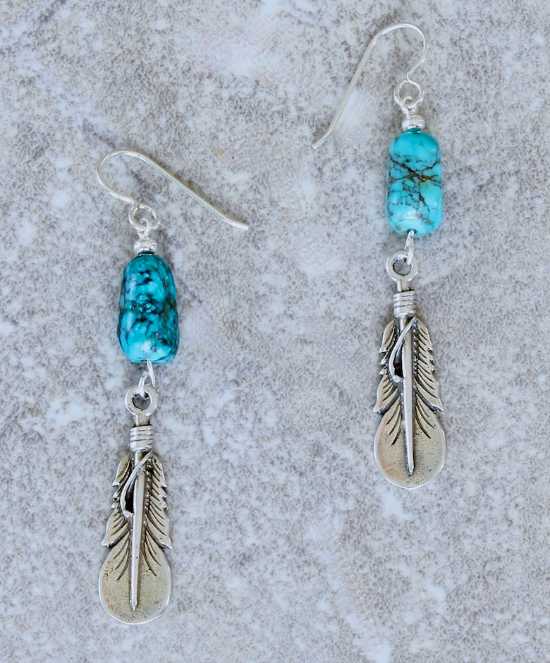 Sterling Silver Feather Charm Earrings with Nevada Blue Tiffany Turquoise Nuggets