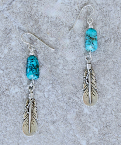 Sterling Silver Feather Charm Earrings with Nevada Blue Tiffany Turquoise Nuggets