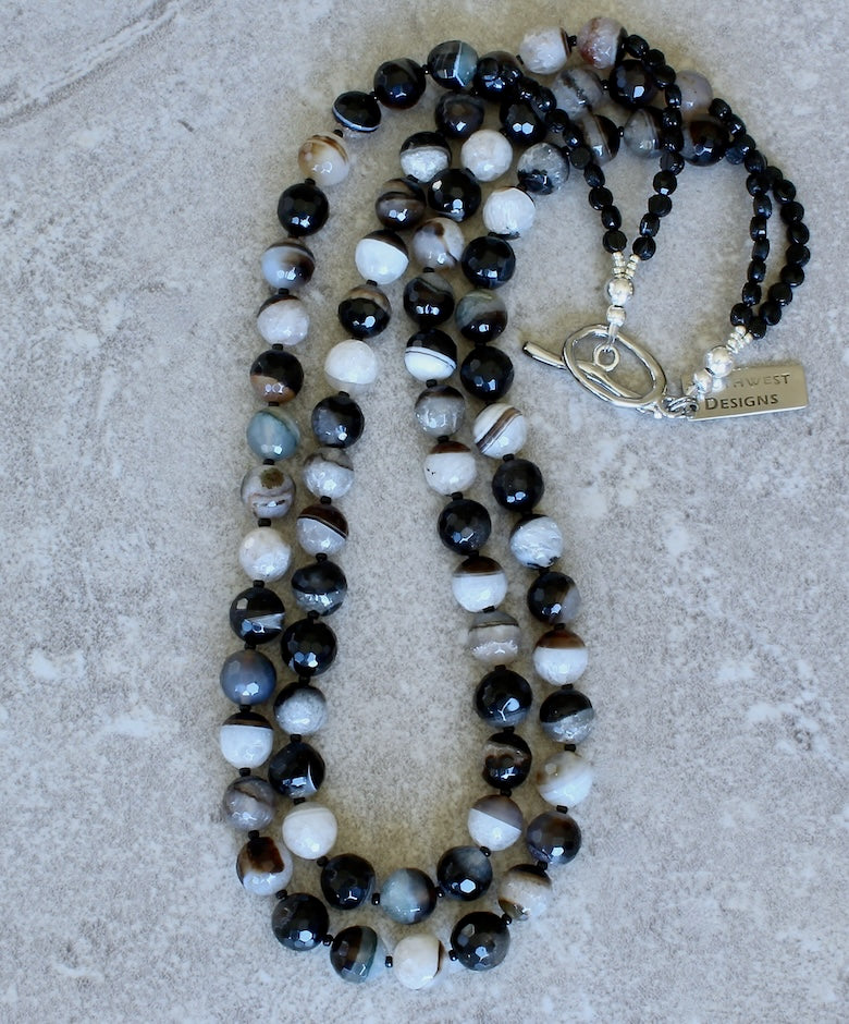 Sardonyx Agate Rounds 2-Strand Necklace with Czech Nailheads and Sterling Silver