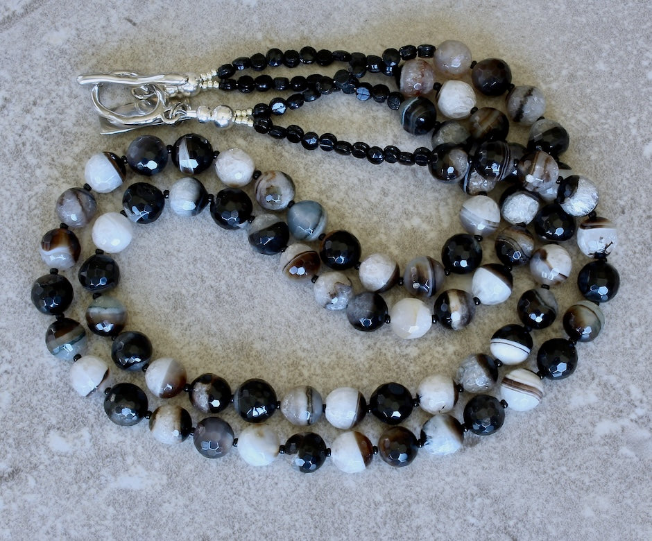 Sardonyx Agate Rounds 2-Strand Necklace with Czech Nailheads and Sterling Silver