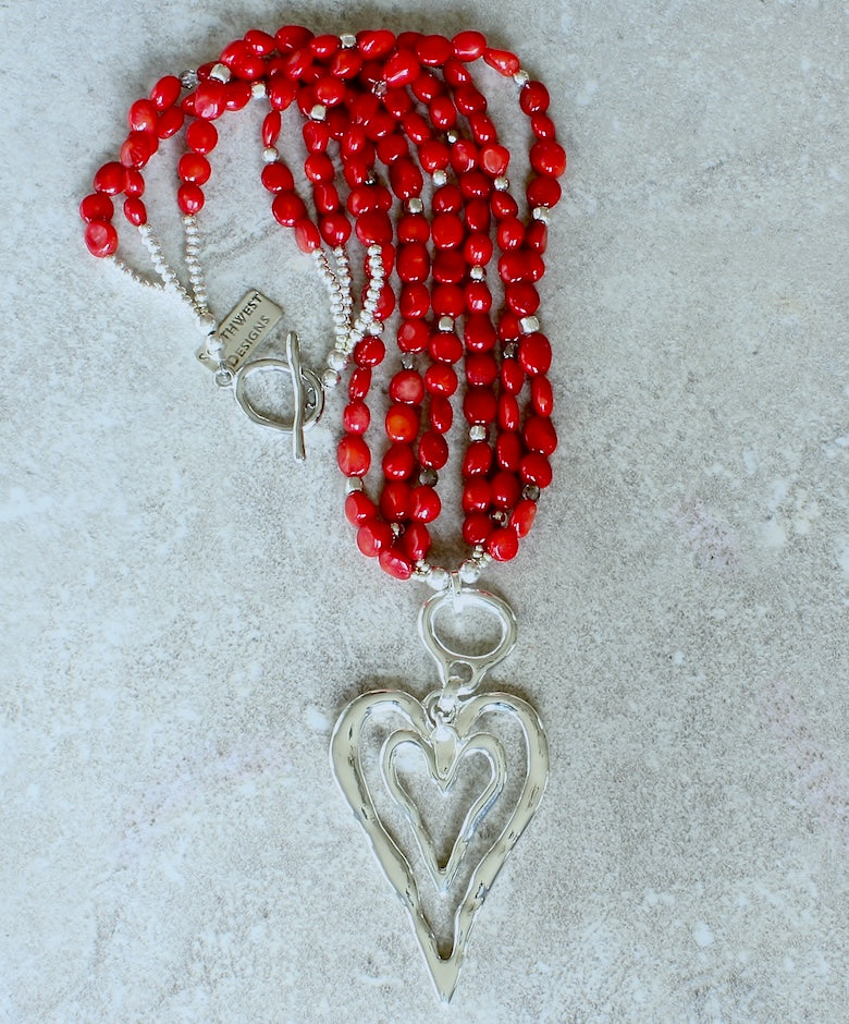 Silver Double Heart Pendant with 3 Strands of Bamboo Coral Ovals, Czech Glass and Sterling Silver