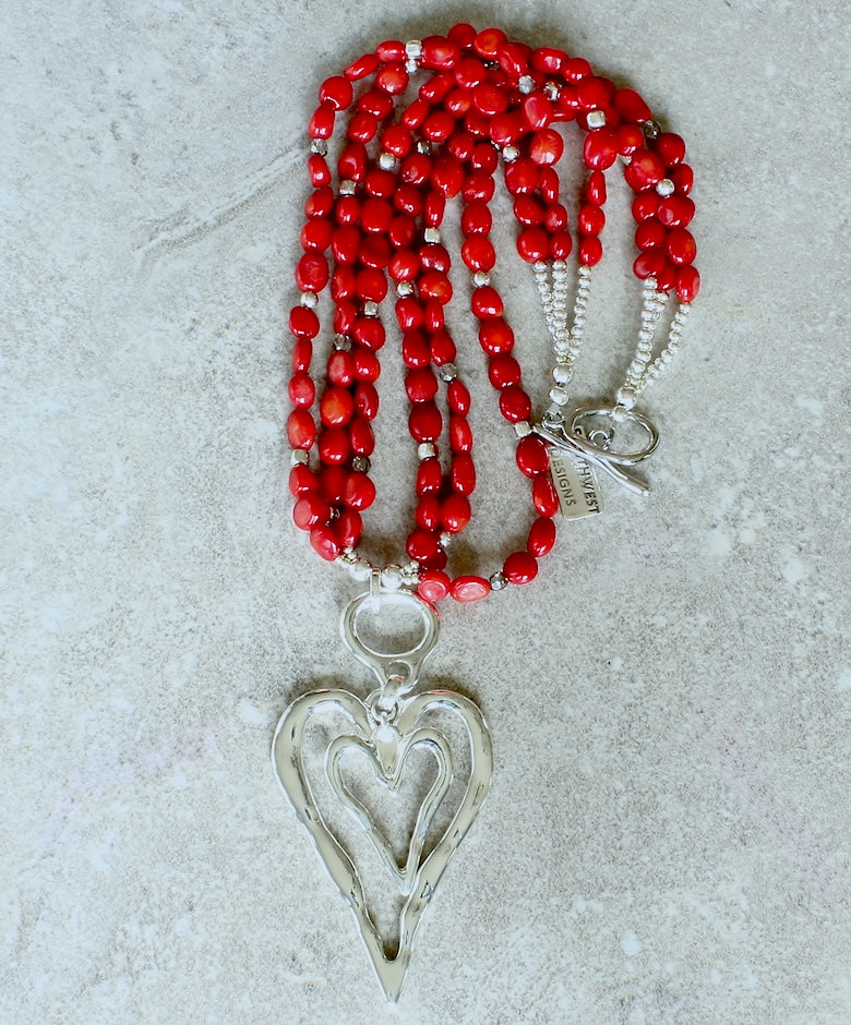 Silver Double Heart Pendant with 3 Strands of Bamboo Coral Ovals, Czech Glass and Sterling Silver