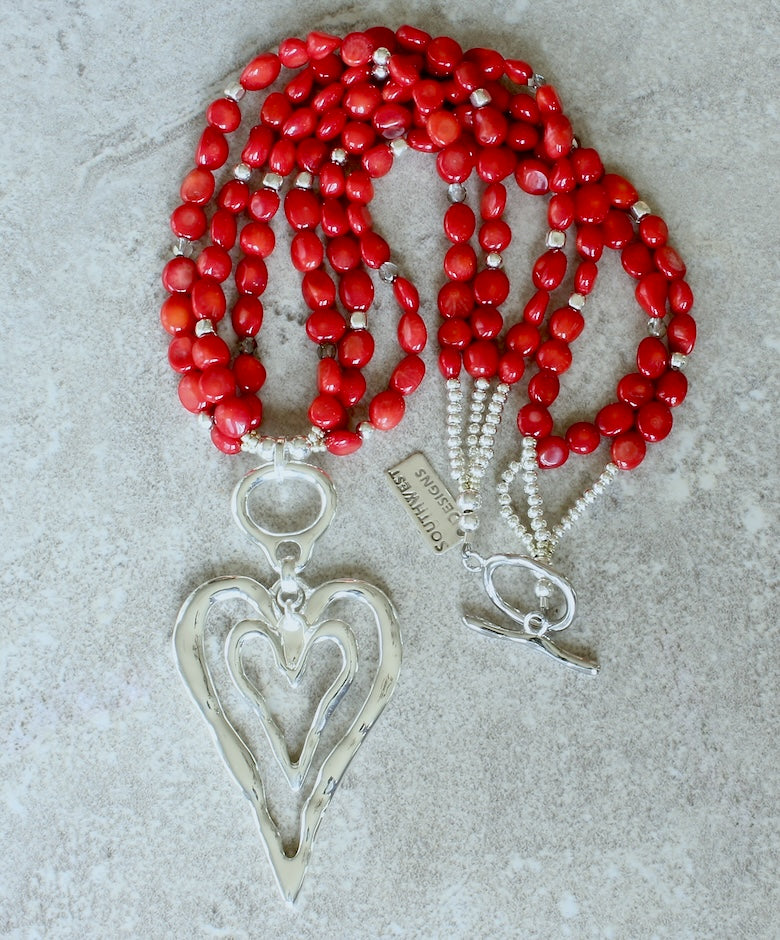 Silver Double Heart Pendant with 3 Strands of Bamboo Coral Ovals, Czech Glass and Sterling Silver