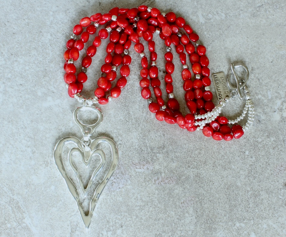 Silver Double Heart Pendant with 3 Strands of Bamboo Coral Ovals, Czech Glass and Sterling Silver