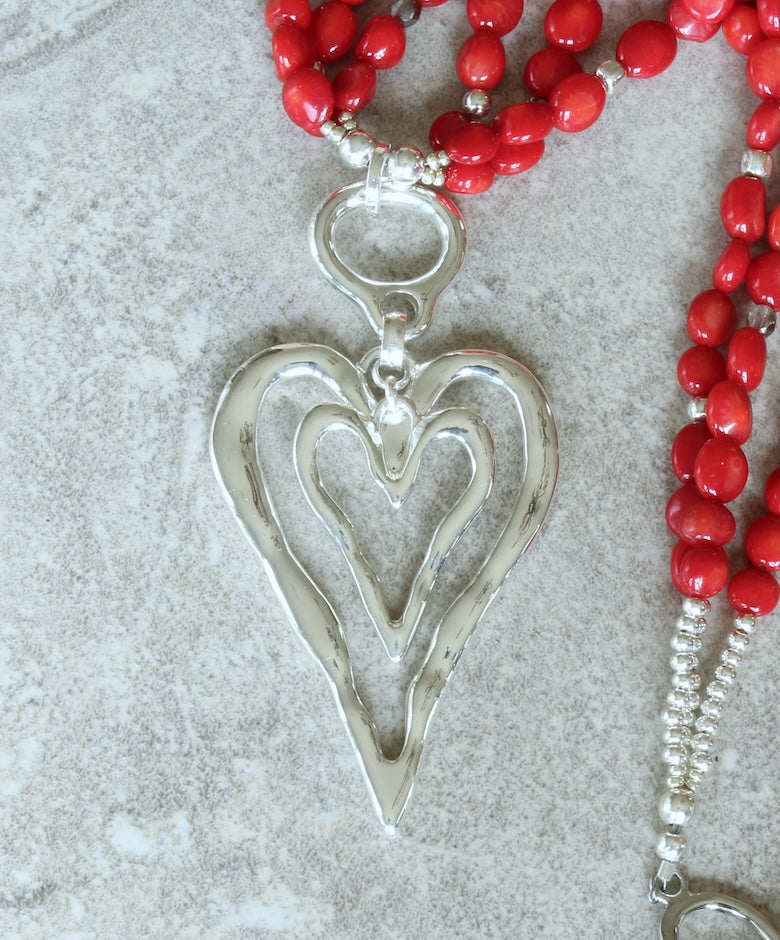 Silver Double Heart Pendant with 3 Strands of Bamboo Coral Ovals, Czech Glass and Sterling Silver