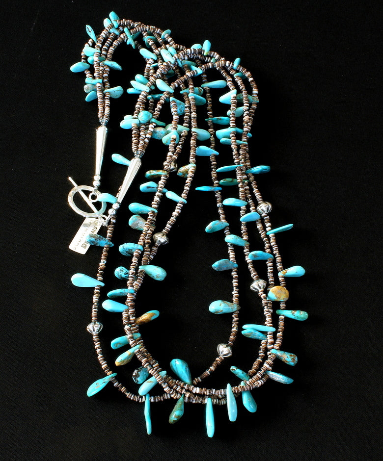 Sleeping Beauty Turquoise Petals 4-Strand Necklace with Oyster Shell Heishi and Sterling Silver Cones and Toggle Clasp